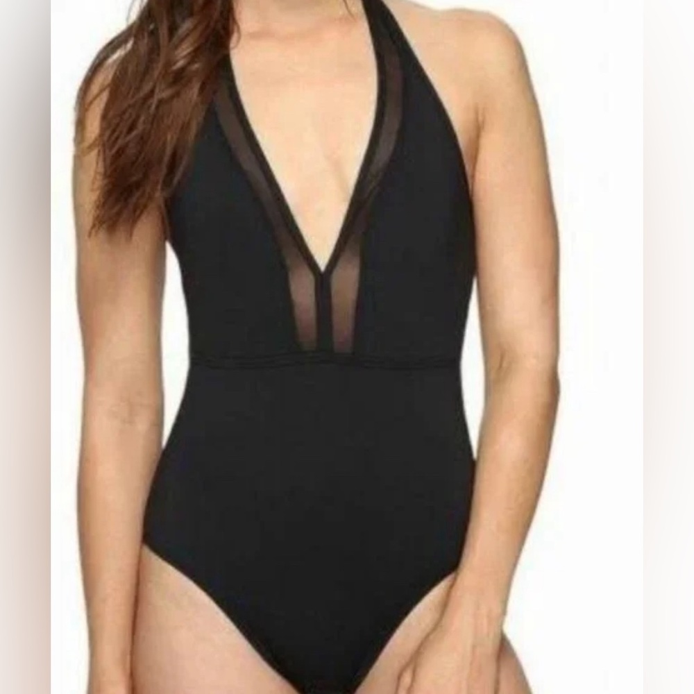 Tommy Bahama One Piece Swimsuit Size 4 Black Plunging Neck Mesh Halter